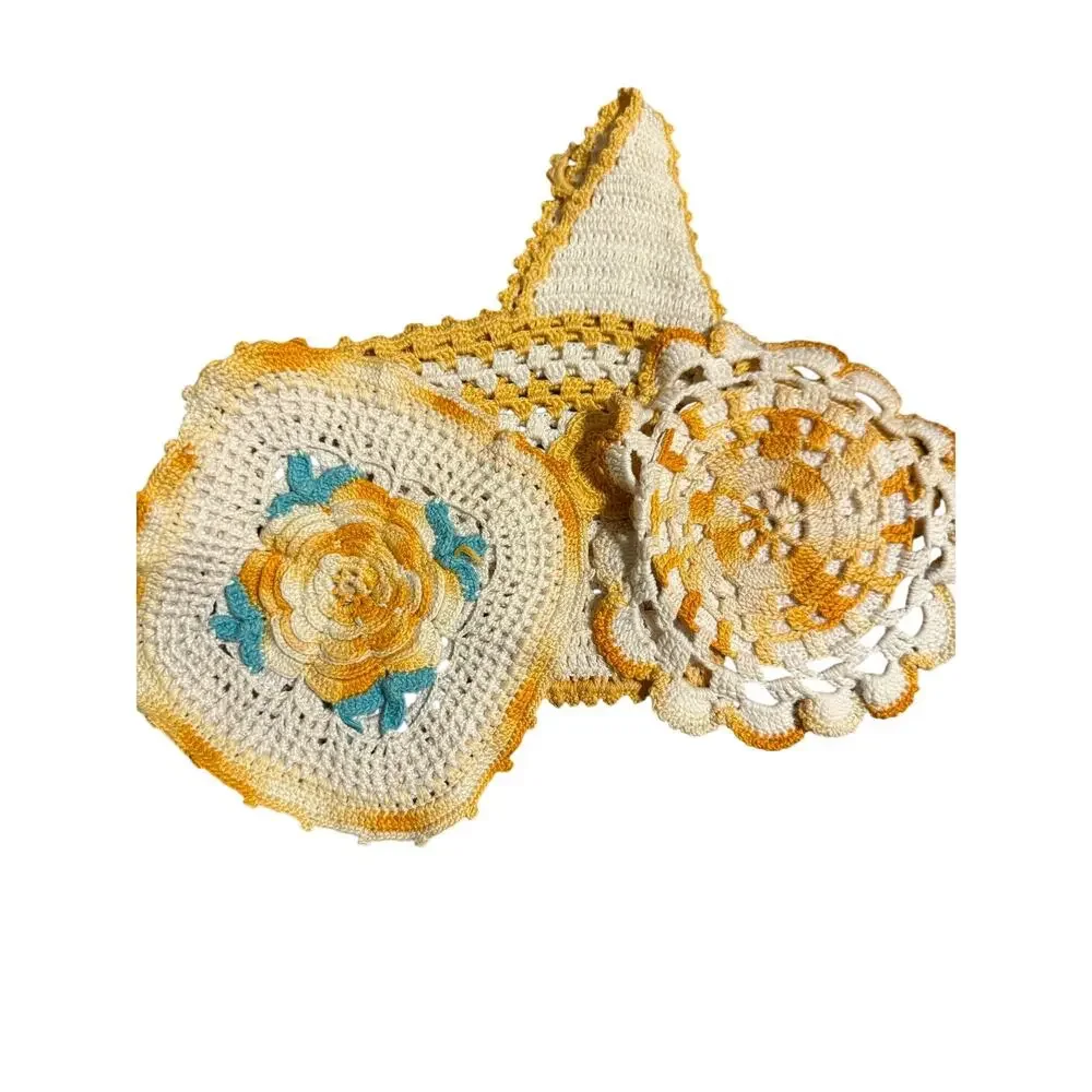 Vintage Handmade Crochet Potholder Trivet Lot Floral Dress Cottagecore Decor